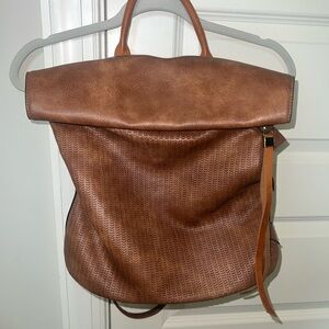 Brown Leather Fold-Over Backpack with Ribbed Detailing